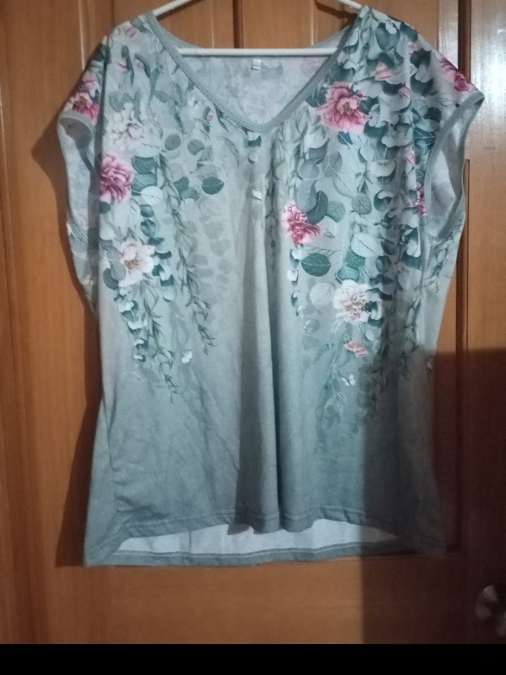 Floral V-Neck Women's Top - Green with Pink Roses